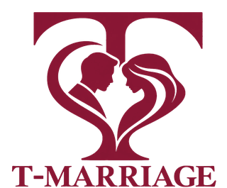 T-Marriage logo — wine-red T with a couple forming a heart